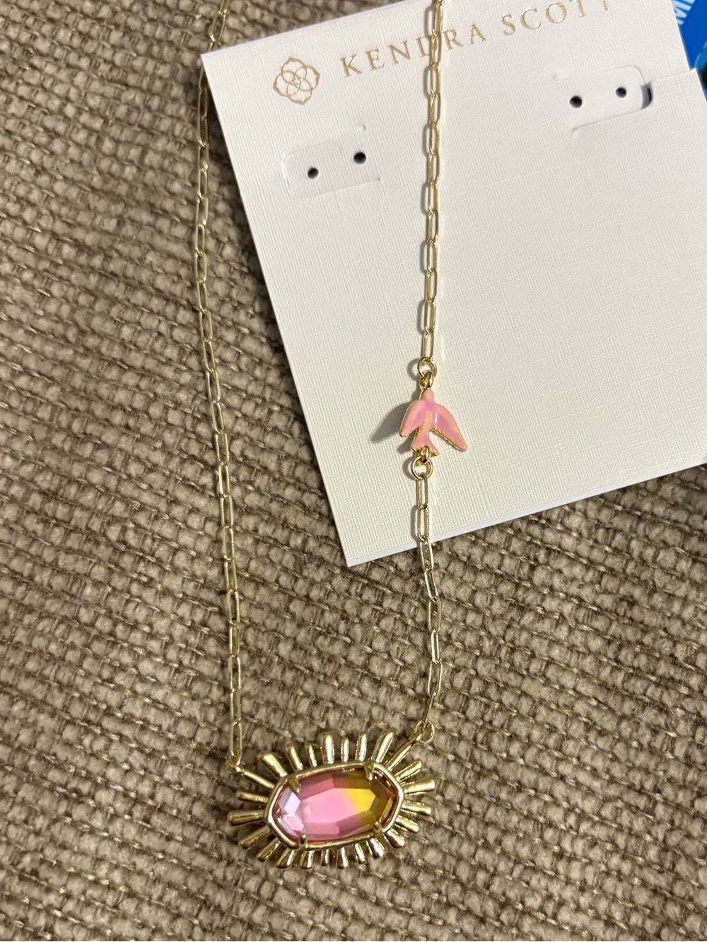 Kendra Scott Gold Necklace with Pink Faceted Pendant and Pink Accent